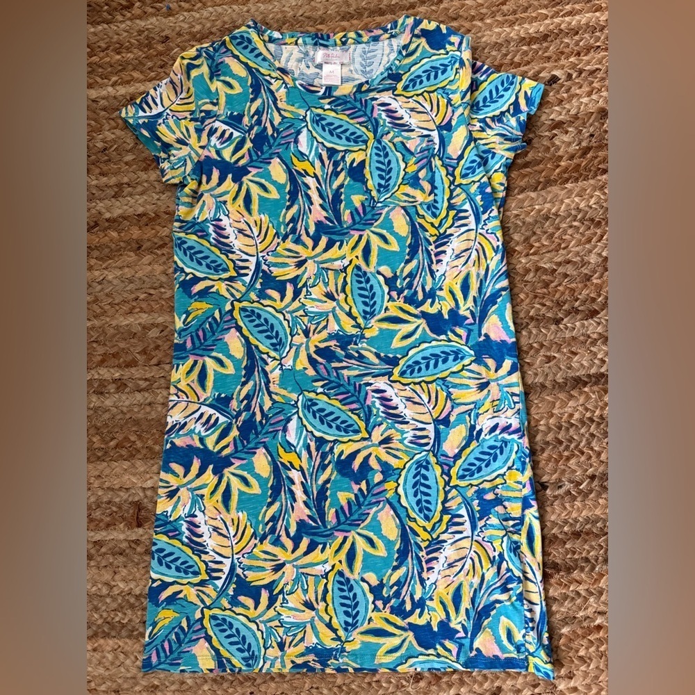 Stella Parker Medium Blue & Yellow Tropical Floral T Shirt Dress